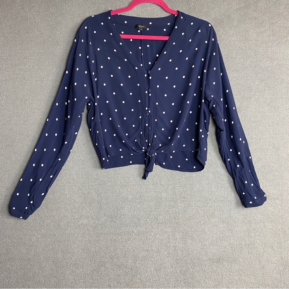 Rails Sloane Long Sleeve Tie Front Top in Navy Polka Dots Size M